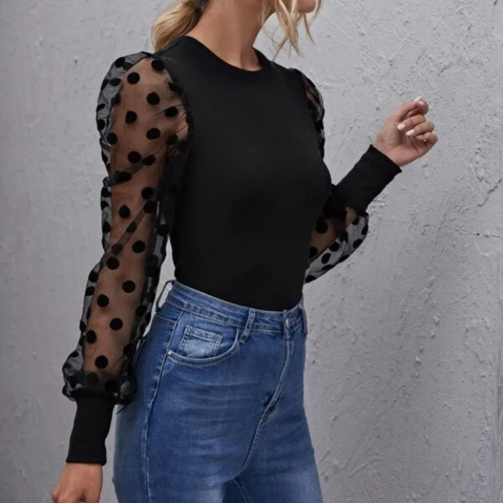 Black sheer long sleeve polka dot blouse fitted - Picture 2 of 5